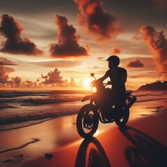 A man cruises along the beach on his motorbike, the golden hues of the sunset painting the sky behind him, creating a picturesque scene of freedom and tranquility.