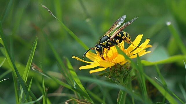 wasp on a yellow flower in green grass