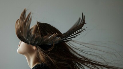 woman tilted her head back and her long hair scattered in the shape of the wing. shot in studio