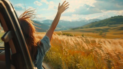 woman waving hand outside open window car with meadow and mountain background