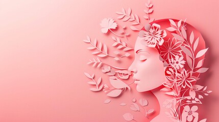 Woman's Face and Floral style paper cut in pestle pink color with copy space on pestle pink background