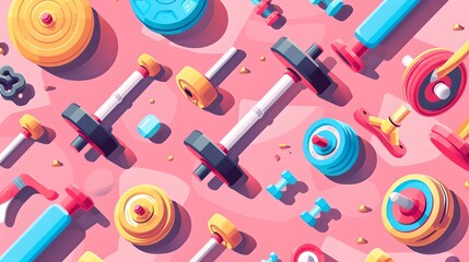 Colorful assortment of gym equipment on a pink backdrop. Fitness and health concept demonstrated through vivid imagery. Digital art style suitable for various creative needs. AI