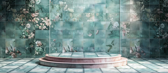 stage podium in the green vintage tile and wall room concept 
