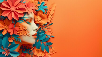 Woman's Face and Floral style paper cut in multicolor color with copy space on orange background