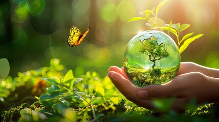 Hands protecting globe of green tree on tropical nature summer background and butterfly, Ecology and Environment sustainable concept - obrazy, fototapety, plakaty