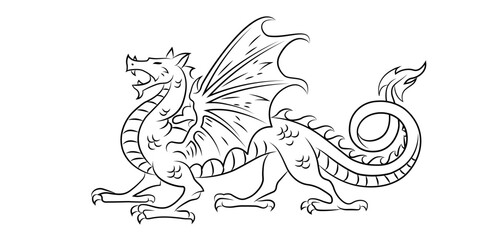 Heraldic winged dragon. Symbol, sign, line, icon, silhouette, tattoo. Lines. Isolated vector illustration. New Year 2012, 2024, 2036.