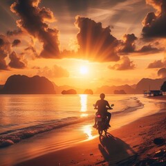 A man cruises along the beach on his motorbike, the golden hues of the sunset painting the sky behind him, creating a picturesque scene of freedom and tranquility. - obrazy, fototapety, plakaty