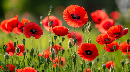 Fototapeta premium Blooming Poppies. A vibrant field of red poppies in full bloom against a lush green background