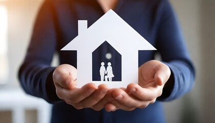 house in hand, Man around 30 years old, with two children around 8 years old, with a painted house outline above their heads