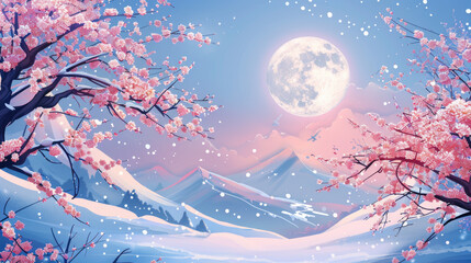 Landscape of cherry trees and mountain, scenery of pink blooming sakura, snow and moon in spring or winter. Concept of travel, nature, japan,