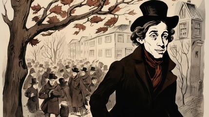 A man in a hat is walking down a street with a crowd of people behind him. The man is wearing a black coat and a red scarf. The image has a vintage feel to it, and it seems to be a political cartoon - obrazy, fototapety, plakaty