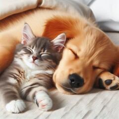 Obraz premium In a heartwarming display of companionship, a cat and a dog peacefully slumber side by side, embodying the bond of love and friendship between different species, highlighting the joy