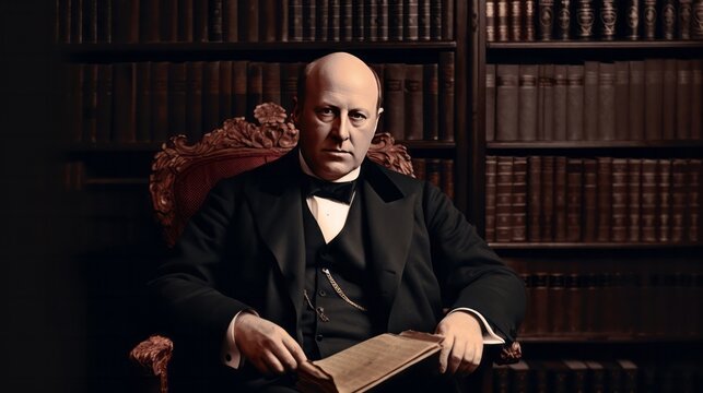 A man in a black suit and tie is sitting in a chair in front of a large collection of books