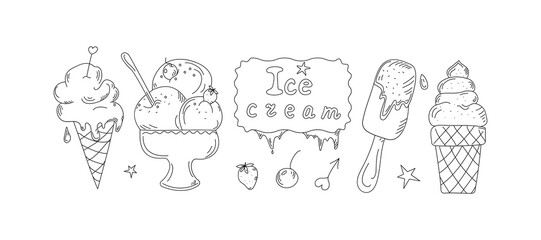 Ice cream drawings. Set of hand drawn linear icons, doodles. Ice cream, popsicle, ice. Hand lettering. Vector illustration, background isolated white.