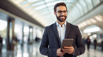 A man in a suit is smiling while looking at his cell phone