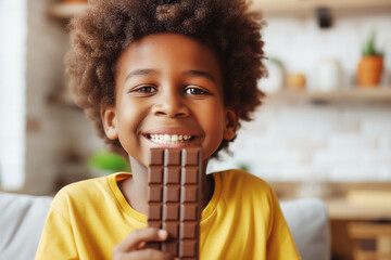 Cheerful little African American boy holding chocolate bar and looking at camera - obrazy, fototapety, plakaty