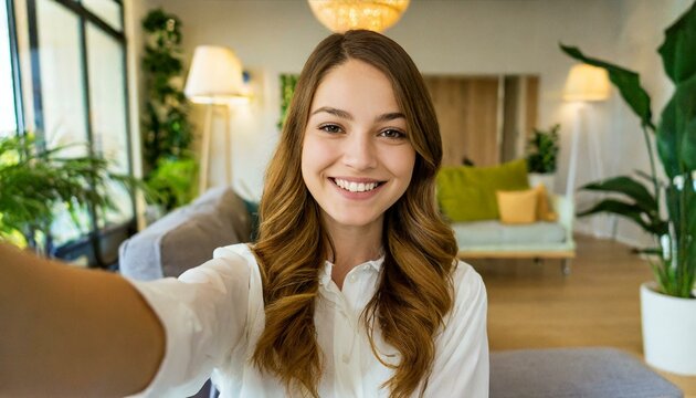 Selfie picture of a happy young pretty millennial woman smiling at the camera in the living room in a modern home