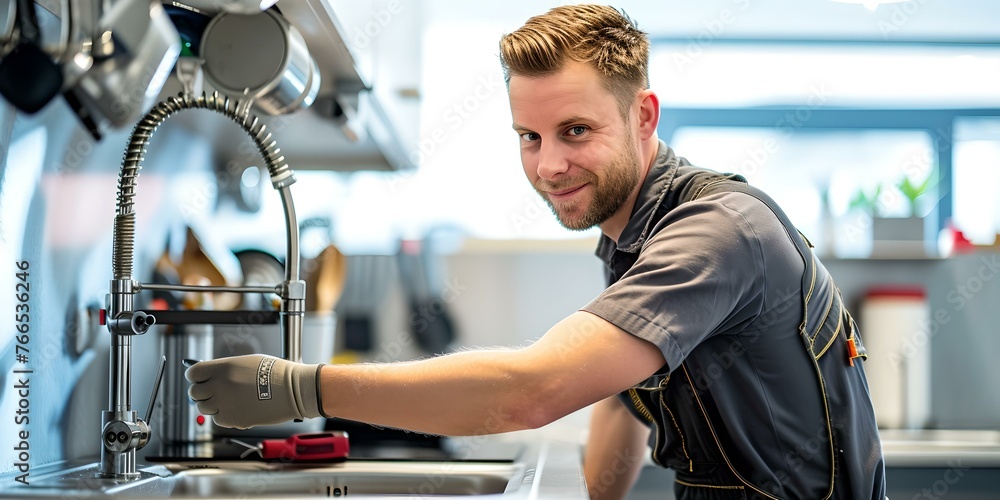 Poster smiling technician servicing mechanical equipment in a modern lab. man with precision tools in a wel