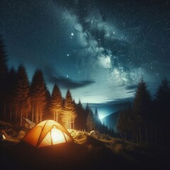 Under a canopy of stars, a glowing tent stands as a beacon of warmth and shelter, inviting travelers to rest and immerse themselves in the beauty of the nighttime sky - obrazy, fototapety, plakaty