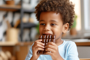 Cute african american boy munching on chocolate treat at home, unhealthy lifestyle concept