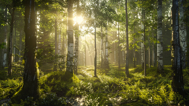 Photo of the morning forest in summer. Sunlight passes through the trees