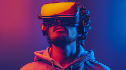 Fototapeta premium Tech-savvy bearded male in casual hoodie, engaged in VR exploration