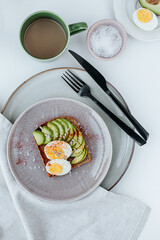 on two plates, toast with avocado and egg halves, black cutlery nearby, green cup with coffee, saucer with avocado halves and eggs on a white background, shot from above