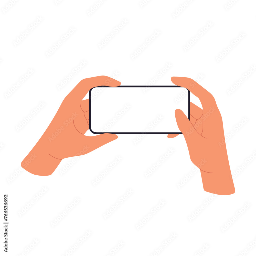 Poster horizontal mobile phone screen mockup in hand. thumb clicking. flat vector illustration isolated