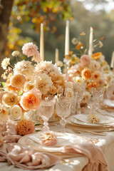 Beautifully set table with bouquets of orange and white flowers, silk tablecloth, glasses and tableware