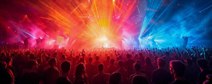 concert g&eacute;ant dans un festival avec foule et spectacle laser multicolores
