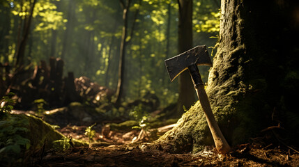 Rustic Ax Deeply Embedded in Forest Tree Trunk, Representing Human Interaction with Woodland Nature