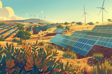 The warm hues of a setting sun embrace a modern energy farm, where rows of solar panels and wind turbines bask in the evening light. - obrazy, fototapety, plakaty