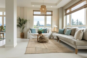 This airy living room offers a tranquil setting, with woven textures, soft hues, and ample sunlight creating an inviting space for relaxation.