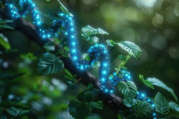 Merge the worlds of technology and biology in a unique art piece inspired by alien genetic coding , 3D render, blender, business concept