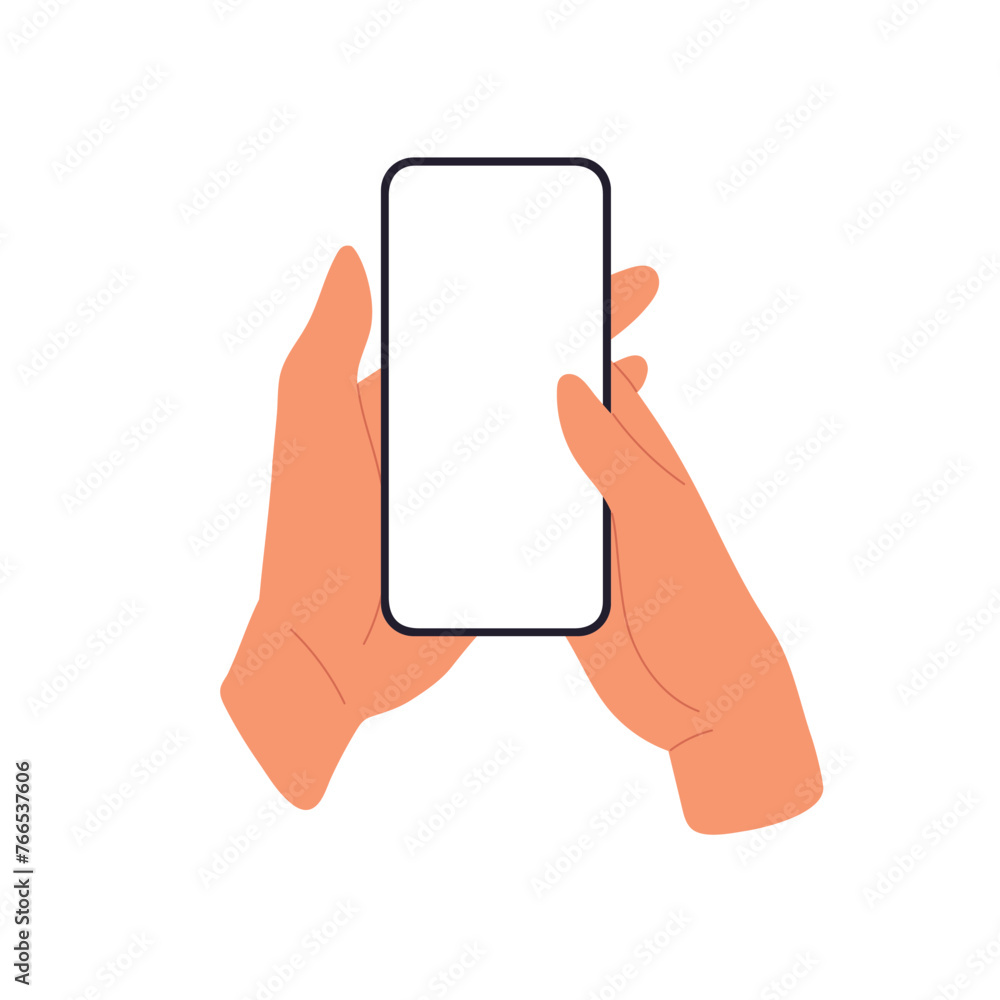 Aufkleber mobile phone screen mockup in hand. thumb scrolling smartphone display. flat vector illustration