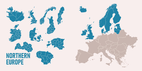 Northern Europe map. Iceland, Ireland, United Kingdom, Denmark, Norway, Sweden, Finland, Estonia, Latvia, Lihtuania maps with regions. Europe map isolated on white background. High detailed