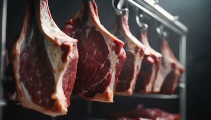 Rows of fresh hung half cow chunks in a large fridge in the meat industry - obrazy, fototapety, plakaty