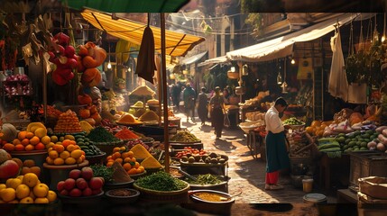 A bustling marketplace teeming with colorful stalls and the aromas of exotic spices and fresh produce. - obrazy, fototapety, plakaty