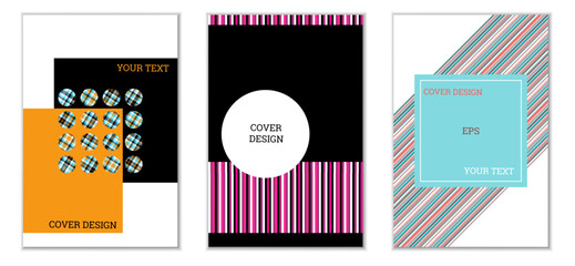 Geometric cover design, set of 3 covers. Abstract unusual background in Memphis style. Bright geometric shapes in random order