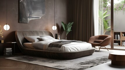 A chic, onyx-colored bedframe standing out in a room defined by simplicity and sophistication.