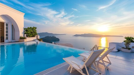 vacation, couple on the beach near swimming pool, luxury travel. Traditional mediterranean white architecture with arch sunset. Summer vacation concept.Happy viewpoint and enjoys