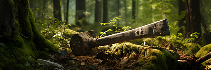 Rustic Ax Deeply Embedded in Forest Tree Trunk, Representing Human Interaction with Woodland Nature - obrazy, fototapety, plakaty