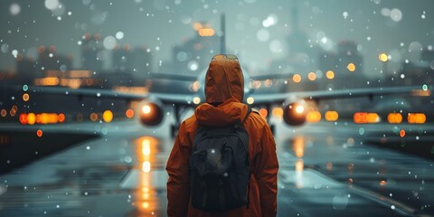 Aviation marshaller guiding a plane for landing against a blurred cityscape background on a rainy day. Concept Aviation, Marshaller, Plane Landing, Cityscape, Rainy Day - obrazy, fototapety, plakaty