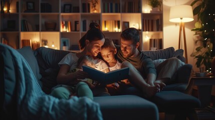 A cozy family moment unfolds as parents and their child enjoy reading books together under the warm glow of a lamp. AIG41