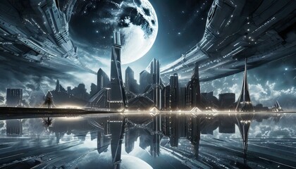 science fiction, city, metropolis and technology; sky with the moon Ai Generated