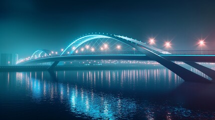 A futuristic bridge stretching gracefully across a serene river, illuminated by the soft glow of...