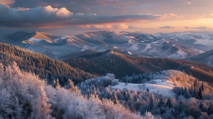 In Ukraine, the Carpathian mountains plateau is covered in snow during early spring, with the ridge - obrazy, fototapety, plakaty