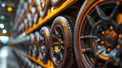 New tire for sale at a tire store or in a large warehouse - obrazy, fototapety, plakaty