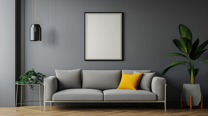 A minimalist interior with a grey sofa and pops of yellow, featuring a perfectly placed hanging poster mockup, all captured in HD.