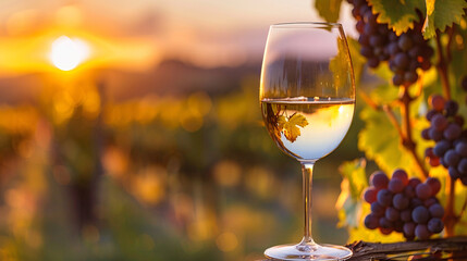 Photo of filled glass with wine against the backdrop of vineyard at sunset